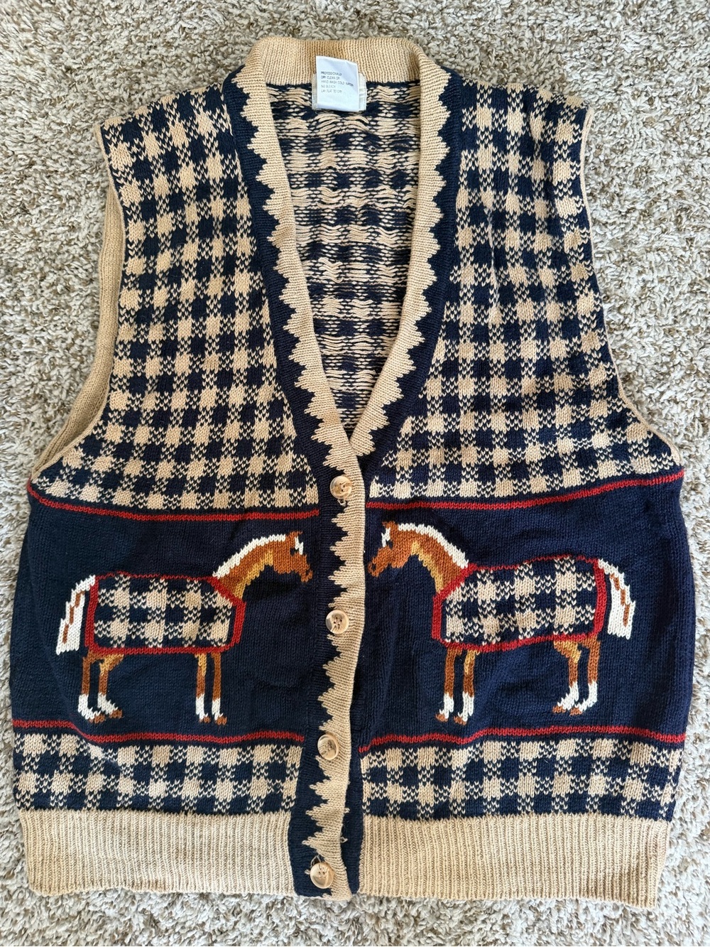 Vintage-Inspired Navy and Beige Horse Pattern Knit Sweater Vest